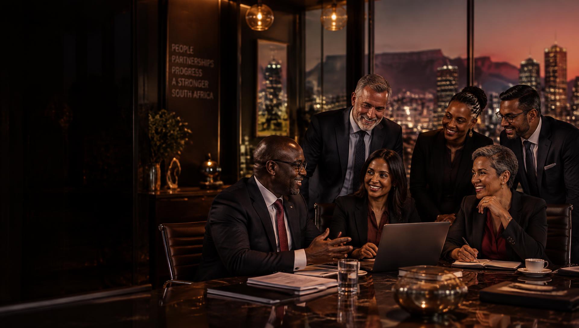 Six senior professionals collaborating warmly around a table in a glass executive boardroom at dusk