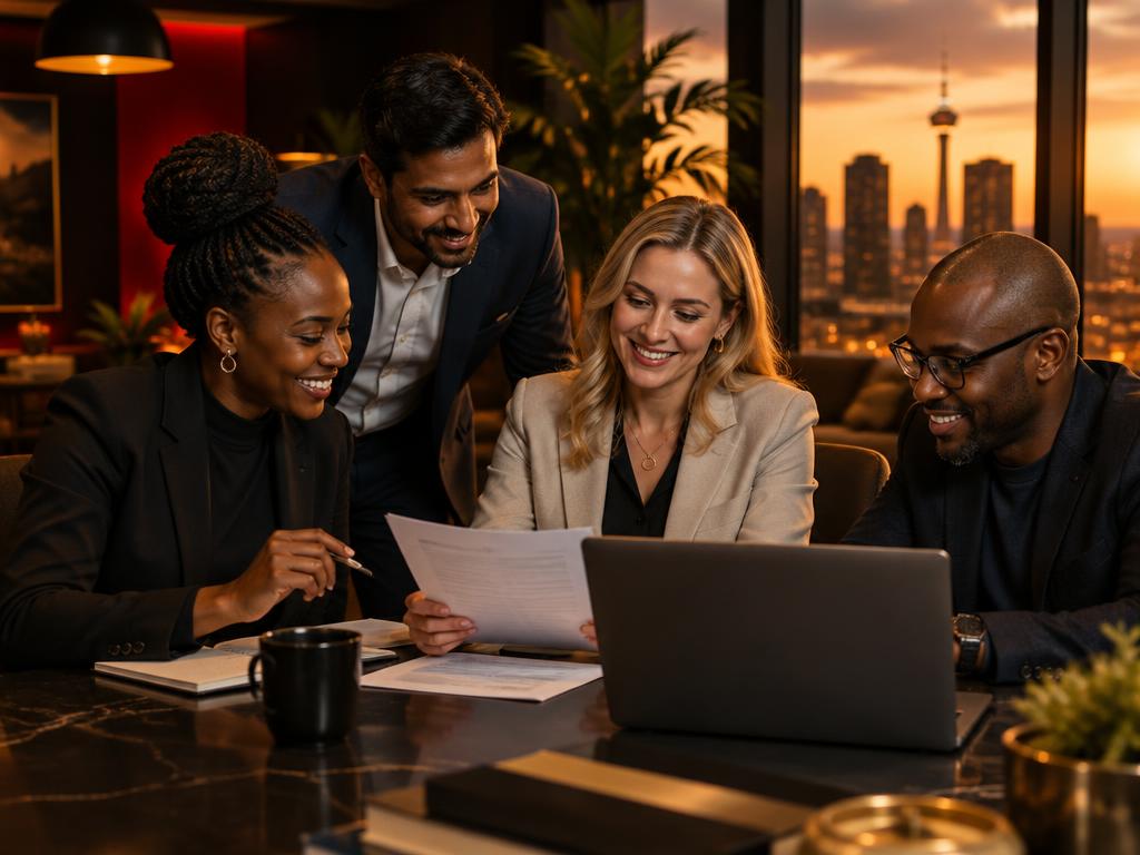 A diverse team reviewing documents together in a modern office