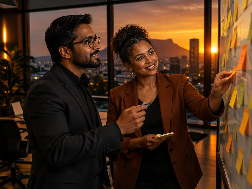 Two colleagues planning together at a whiteboard